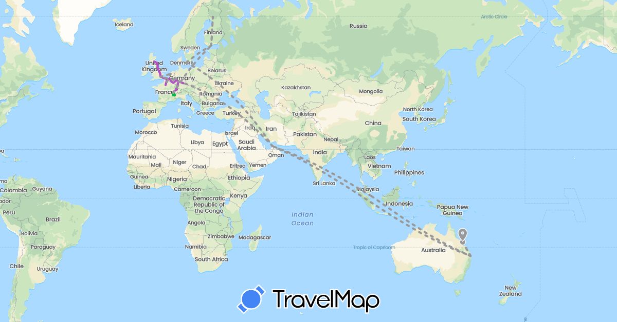 TravelMap itinerary: driving, bus, plane, train in United Arab Emirates, Australia, Belgium, Switzerland, Germany, Denmark, Finland, France, United Kingdom, Luxembourg, Netherlands, Singapore (Asia, Europe, Oceania)